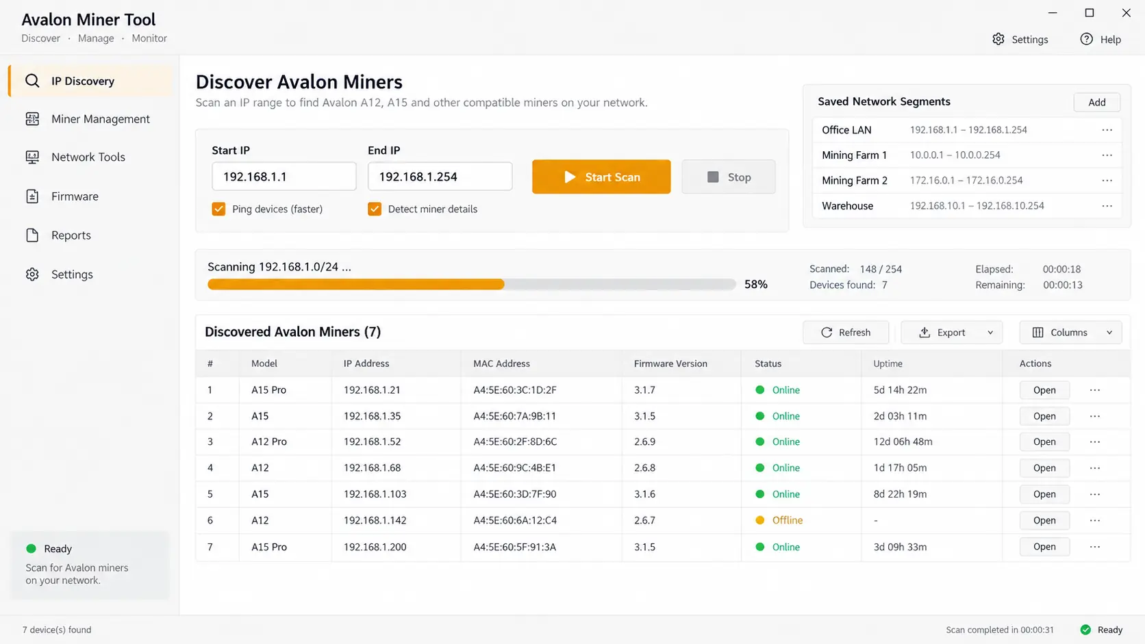 Сканирование сети в AvalonMinerTool