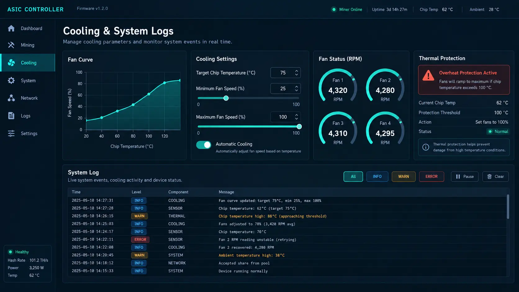 Настройки охлаждения и журнал Vnish