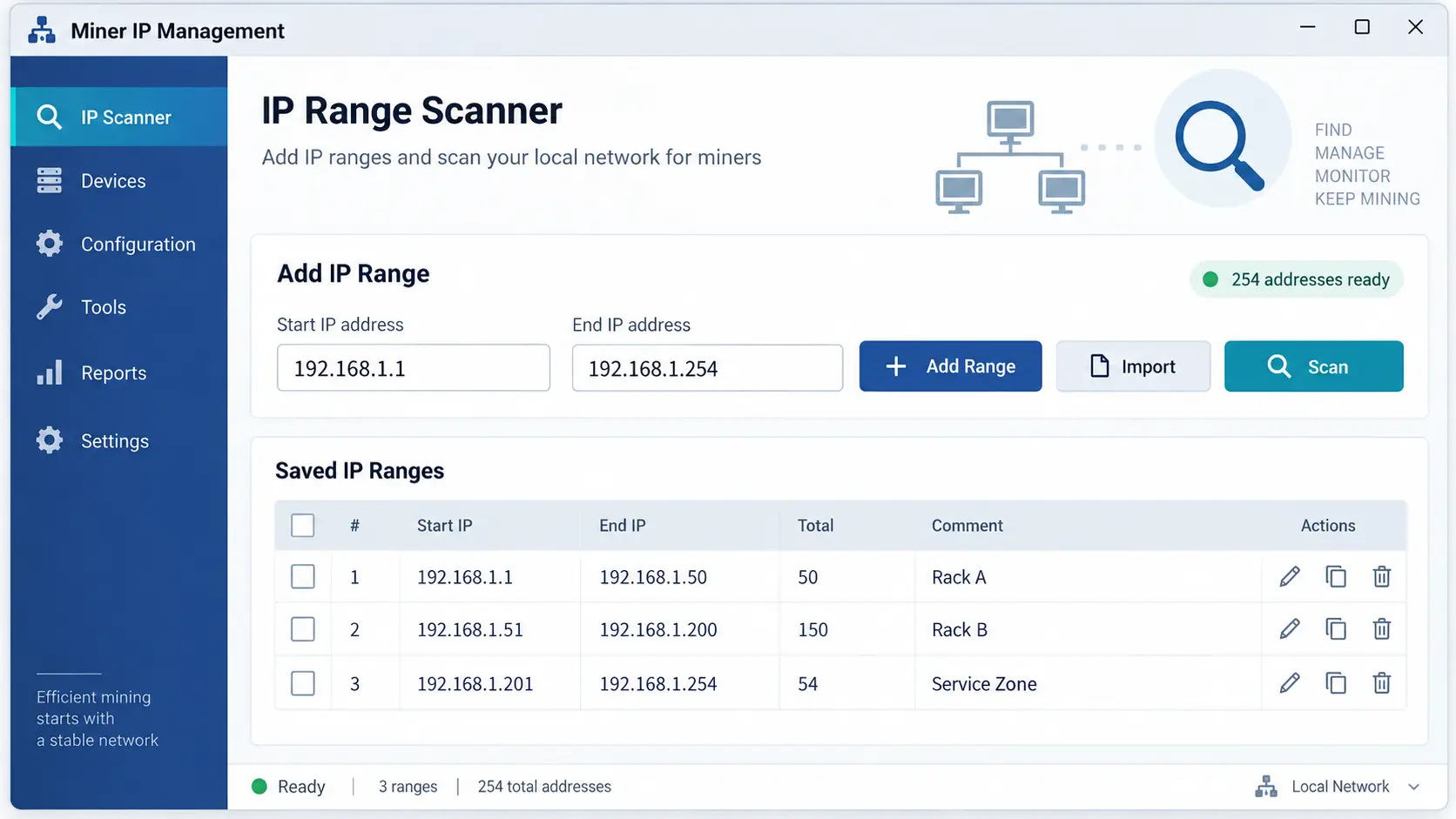 Окно сканирования диапазона IP-адресов в WhatsMiner Tool